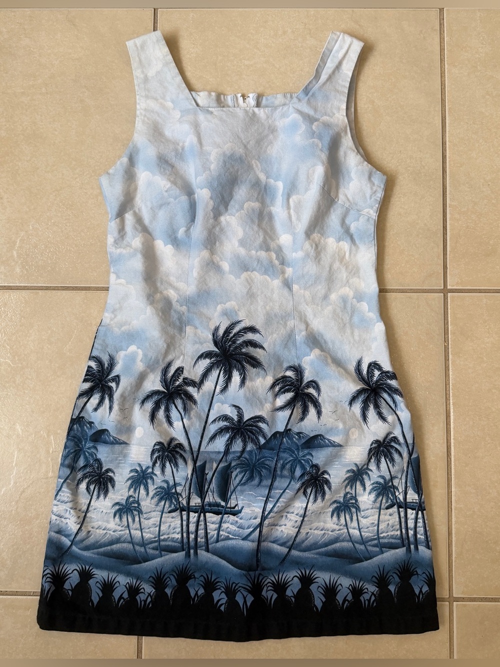 Vintage Shannon Marie Hawaiian SunDress Sz S Blue Palm Tropical Vacation Resort